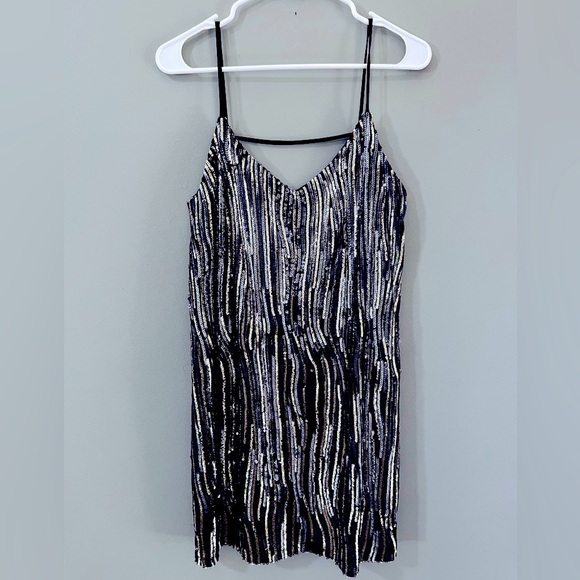 Eight Sixty Sequin Mini Dress small black and gold sequins spaghetti straps - Picture 1 of 5